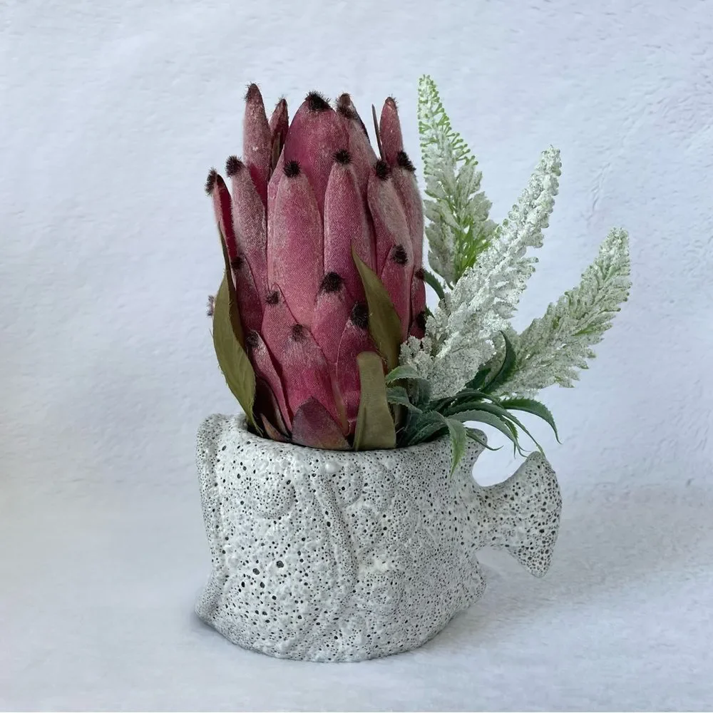 Handmade Faux Pink Protea Arrangement in Textured Fish Planter
